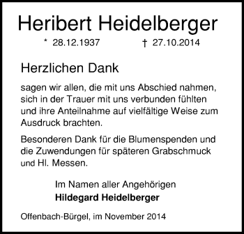 Todesanzeige von Heribert Heidelberger von Offenbach