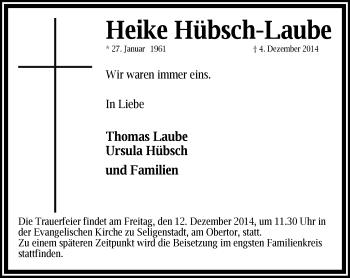 Todesanzeige von Heike Hübsch-Laube von Offenbach