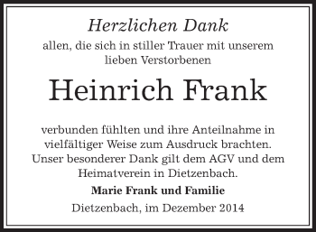 Todesanzeige von Heinrich Frank von Offenbach