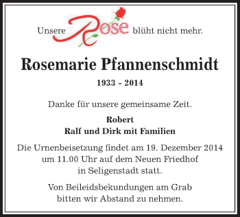 Todesanzeige von Rosemarie Pfannenschmidt von Offenbach
