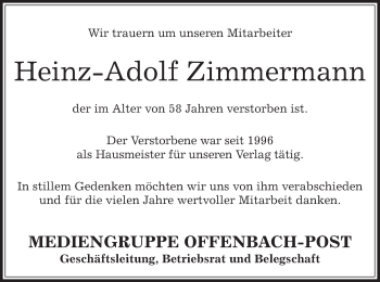 Todesanzeige von Heinz Adolf Zimmermann von Offenbach