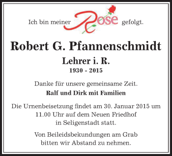Todesanzeige von Robert G Pfannenschmidt von Offenbach