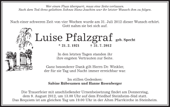Todesanzeige von Luise Pfalzgraf von OFFENBACH-POST/HANAU-POST