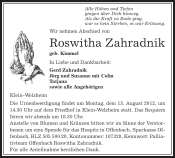 Todesanzeige von Roswitha Zahradnik von OFFENBACH-POST/HANAU-POST