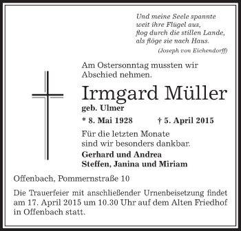 Todesanzeige von Irmgard Müller von Offenbach