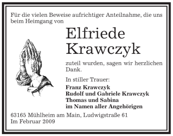 Todesanzeige von Elfriede Krawczyk von OFFENBACH-POST/HANAU-POST