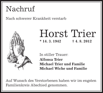 Todesanzeige von Horst Trier von OFFENBACH-POST/HANAU-POST