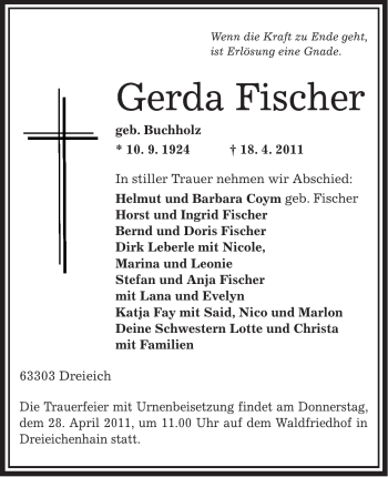 Todesanzeige von Gerda Fischer von OFFENBACH-POST/HANAU-POST