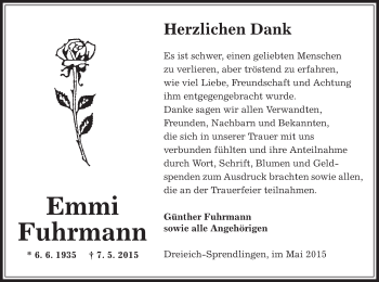 Todesanzeige von Emmi Fuhrmann von Offenbach