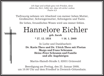 Todesanzeige von Hannelore Eichler von OFFENBACH-POST/HANAU-POST