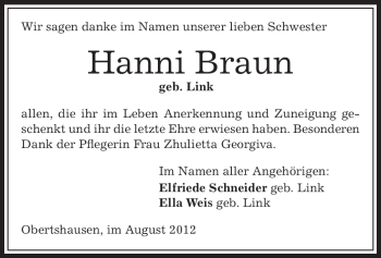 Todesanzeige von Hanni Braun von OFFENBACH-POST/HANAU-POST