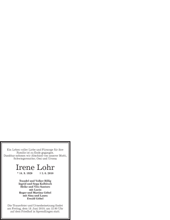 Todesanzeige von Irene Lohr von OFFENBACH-POST/HANAU-POST