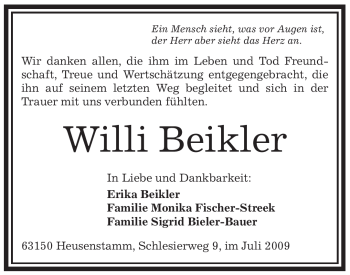 Todesanzeige von Willi Beikler von OFFENBACH-POST/HANAU-POST