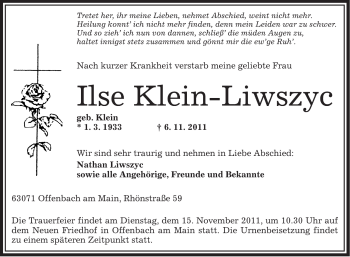 Todesanzeige von Ilse Klein-Liwszyc von OFFENBACH-POST/HANAU-POST