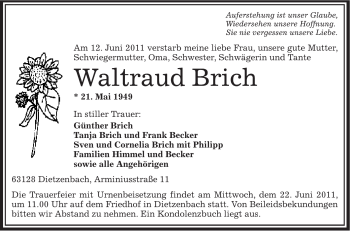 Todesanzeige von Waltraud Brich von OFFENBACH-POST/HANAU-POST