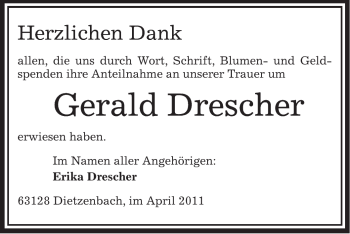 Todesanzeige von Gerald Drescher von OFFENBACH-POST/HANAU-POST