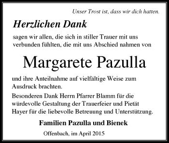 Todesanzeige von Margarete Pazulla von Offenbach
