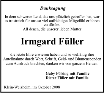 Todesanzeige von Irmgard Füller von OFFENBACH-POST/HANAU-POST