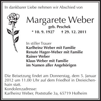Todesanzeige von Margarete Weber von OFFENBACH-POST/HANAU-POST