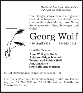 Todesanzeige von Georg Wolf von OFFENBACH-POST/HANAU-POST