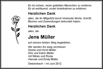 Todesanzeige von Jens Müller von OFFENBACH-POST/HANAU-POST