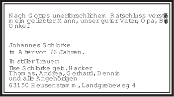 Todesanzeige von Johannes Schlorke von OFFENBACH-POST/HANAU-POST