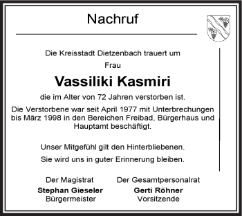 Todesanzeige von Vassiliki Kasmiri von OFFENBACH-POST/HANAU-POST