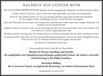 Todesanzeige von GÜNTER ROTH von OFFENBACH-POST/HANAU-POST