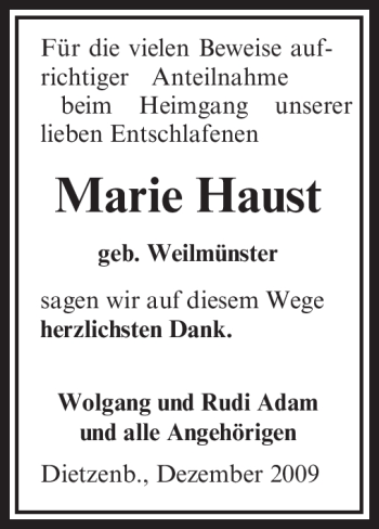 Todesanzeige von Marie Haust von OFFENBACH-POST/HANAU-POST
