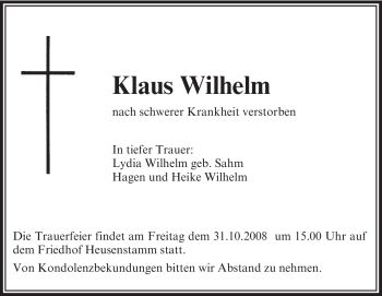 Todesanzeige von Klaus Wilhelm von OFFENBACH-POST/HANAU-POST