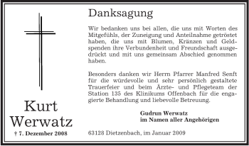 Todesanzeige von Kurt Werwatz von OFFENBACH-POST/HANAU-POST