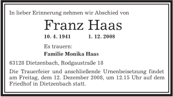 Todesanzeige von Franz Haas von OFFENBACH-POST/HANAU-POST
