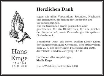 Todesanzeige von Hans Emge von OFFENBACH-POST/HANAU-POST