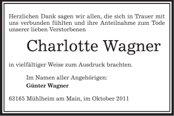 Todesanzeige von Charlotte Wagner von OFFENBACH-POST/HANAU-POST