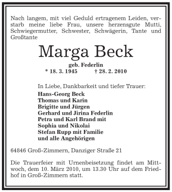 Todesanzeige von Marga Beck von OFFENBACH-POST/HANAU-POST