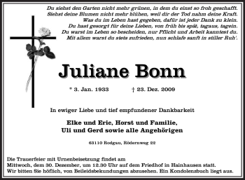 Todesanzeige von Juliane Bonn von OFFENBACH-POST/HANAU-POST