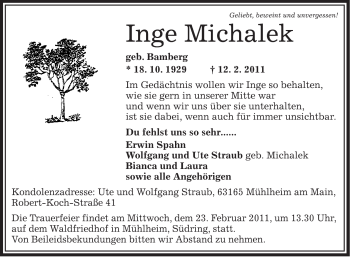 Todesanzeige von Inge Michalek von OFFENBACH-POST/HANAU-POST