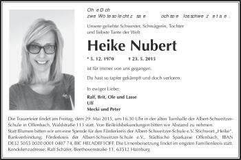 Todesanzeige von Heike Nubert von Offenbach