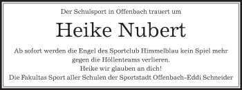 Todesanzeige von Heike Nubert von Offenbach