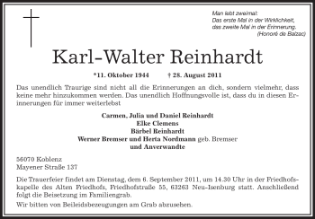 Todesanzeige von Karl-Walter Reinhardt von OFFENBACH-POST/HANAU-POST
