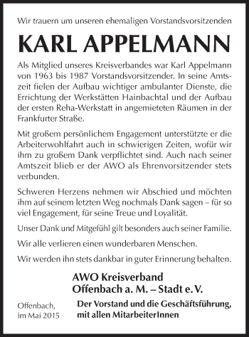 Todesanzeige von Karl Appelmann von Offenbach
