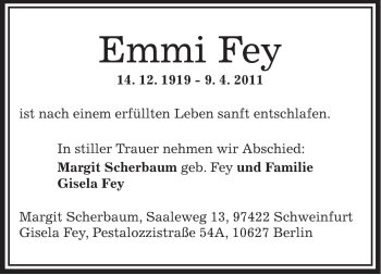 Todesanzeige von Emmi Fey von OFFENBACH-POST/HANAU-POST
