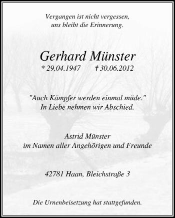 Todesanzeige von Gerhard Münster von OFFENBACH-POST/HANAU-POST