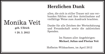 Todesanzeige von Monika Veit von OFFENBACH-POST/HANAU-POST