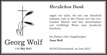 Todesanzeige von Georg Wolf von OFFENBACH-POST/HANAU-POST