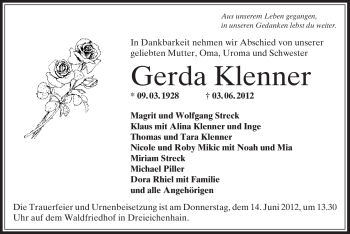 Todesanzeige von Gerda Klenner von OFFENBACH-POST/HANAU-POST
