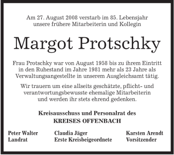 Todesanzeige von Margot Protschky von OFFENBACH-POST/HANAU-POST