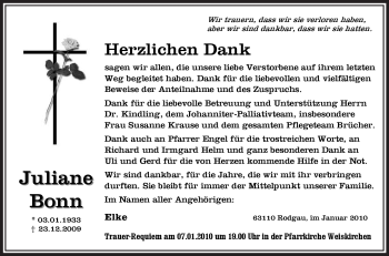 Todesanzeige von Juliane Bonn von OFFENBACH-POST/HANAU-POST