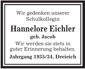 Todesanzeige von Hannelore Eichler von OFFENBACH-POST/HANAU-POST