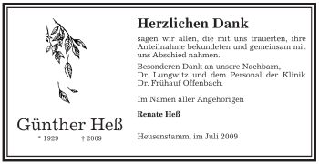 Todesanzeige von Günther Heß von OFFENBACH-POST/HANAU-POST